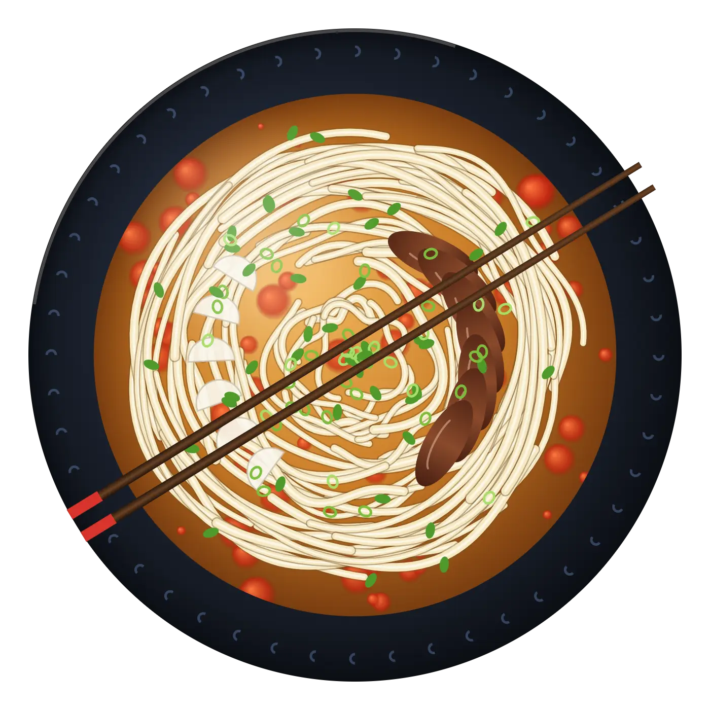 Illustration: a bowl of beef broth noodles seen from above, with sliced beef, radish, chili oil and scallion, chopsticks resting on the rim.